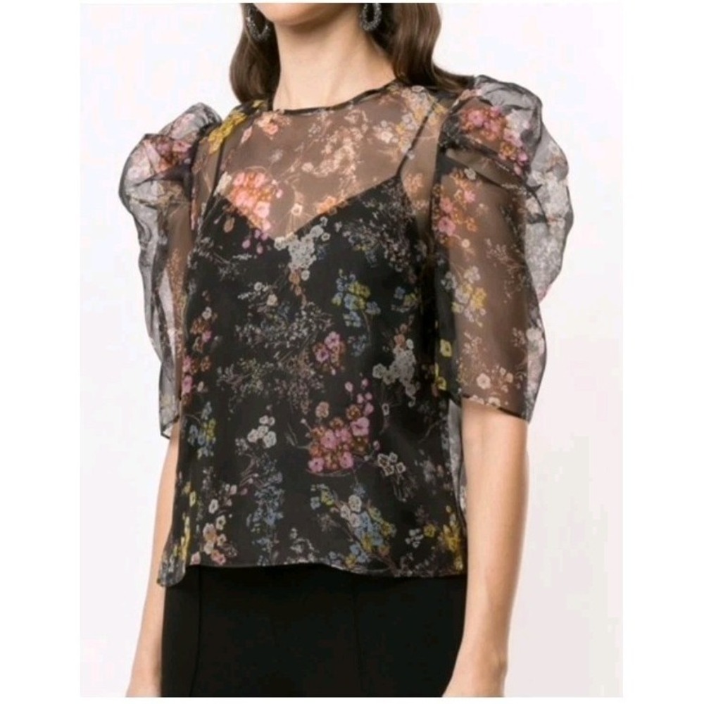 Cinq a Sept Sakura Erin Puff Sleeve Silk Floral Black Blouse Size L Whimsygoth